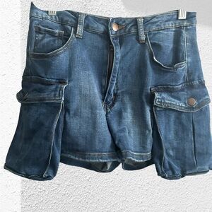 Vibrant Vintage Cargo Blue Denim Short Oversized Pocket Stretchy SZ Lg